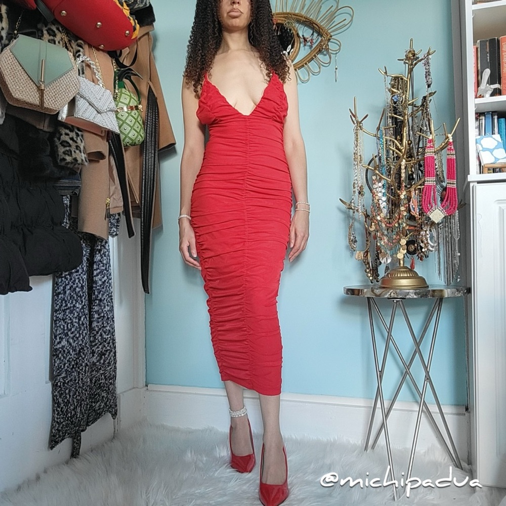 Michael Costello x REVOLVE Fiji Red Ruched Midi Dress